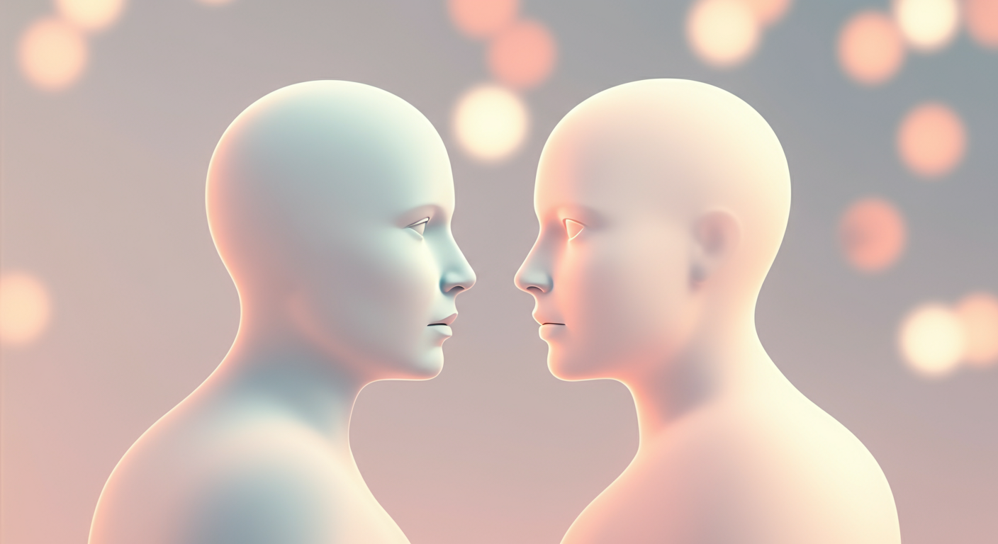 パステルカラーの柔らかい光で表現された二人の人物の抽象的なシルエットが、穏やかに対話している様子。