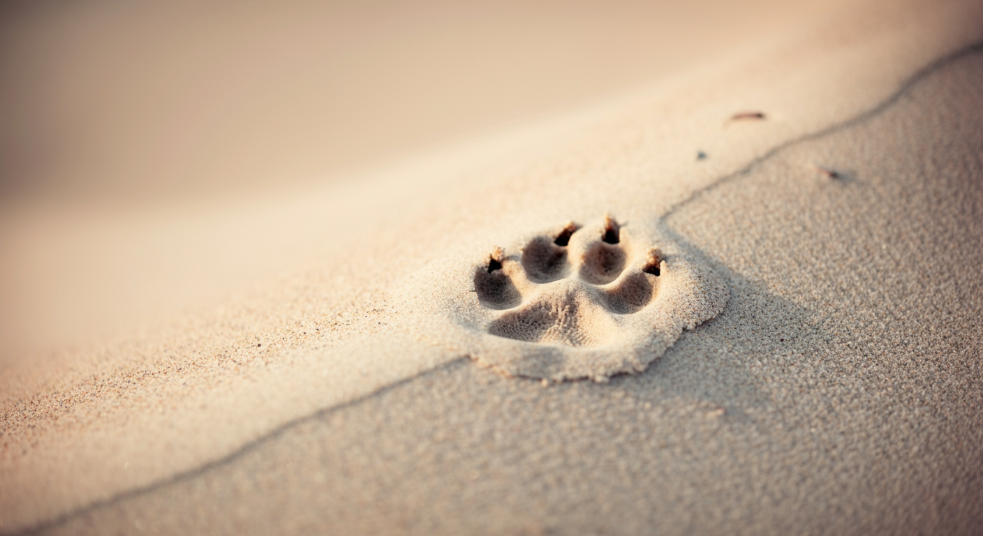 柔らかい砂に残された犬の足跡のディテールを、優しい光が照らし出しているコンセプト写真。