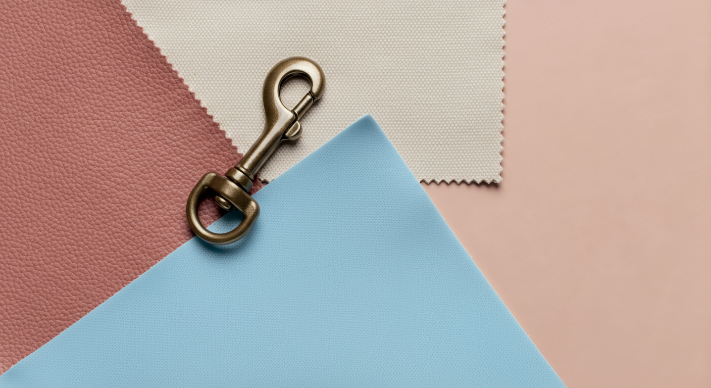 レザー、帆布、ネオプレンという異なる素材見本を並べたスタイリッシュな写真