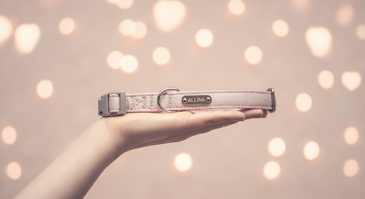 飼い主が犬の首輪を優しく持ち、名前タグが見えているクローズアップ写真。