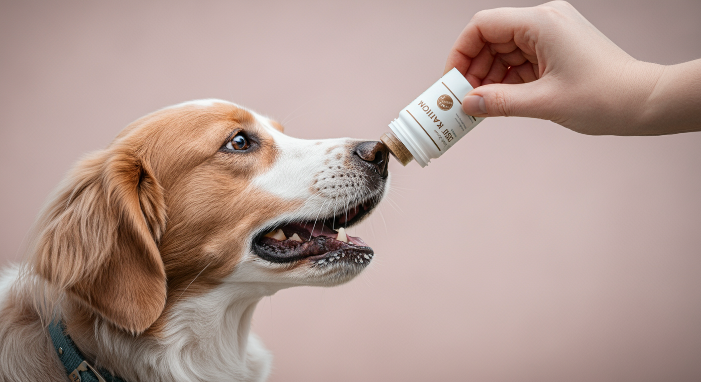 パステルカラーの優しい光の中で、飼い主の手が犬の口におやつ状のサプリメントを入れているクローズアップ写真。