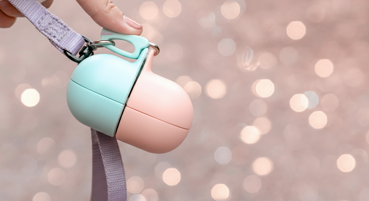 リードに付けられた、おしゃれなうんち袋ディスペンサーのクローズアップ。