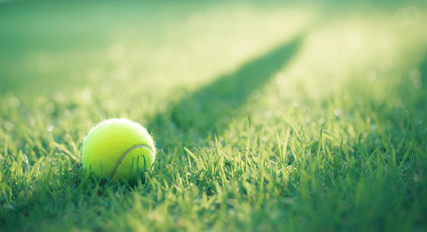 緑の芝生の中にテニスボールが一つ置かれている、静かで落ち着いた雰囲気の写真。