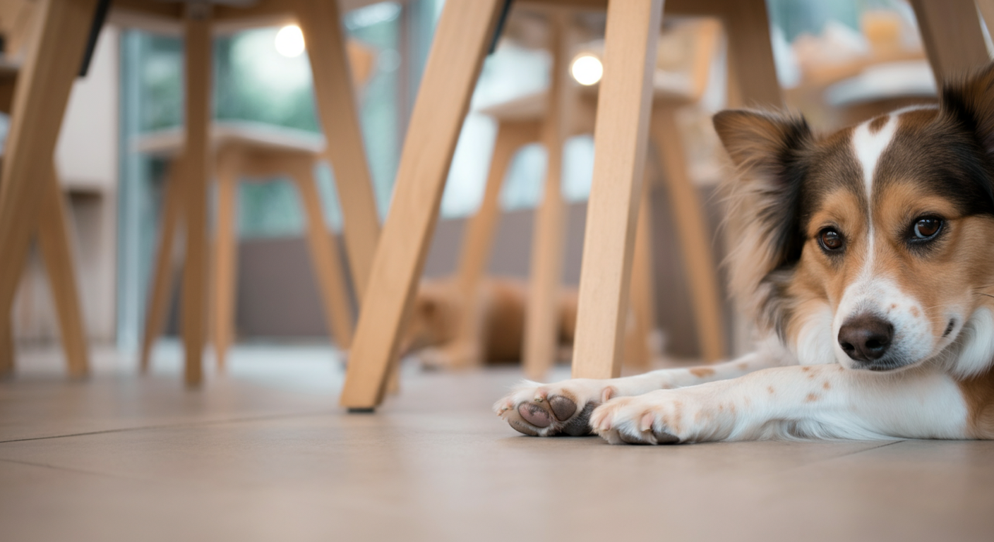カフェのテーブルの下で、床に置かれた犬の前足のクローズアップ写真。