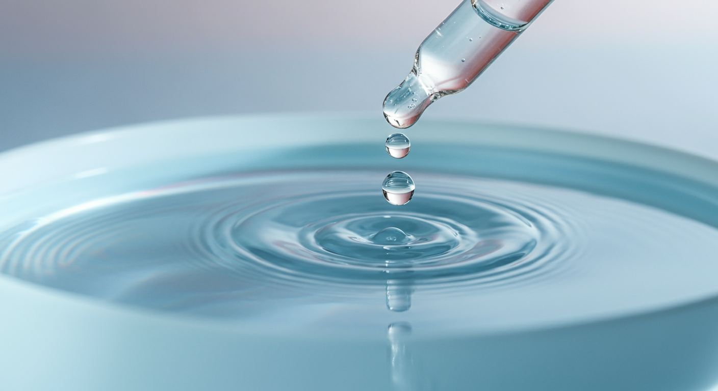 スポイトから水面に液体が一滴落ちて波紋が広がる、慎重な投与を象徴するマクロ写真