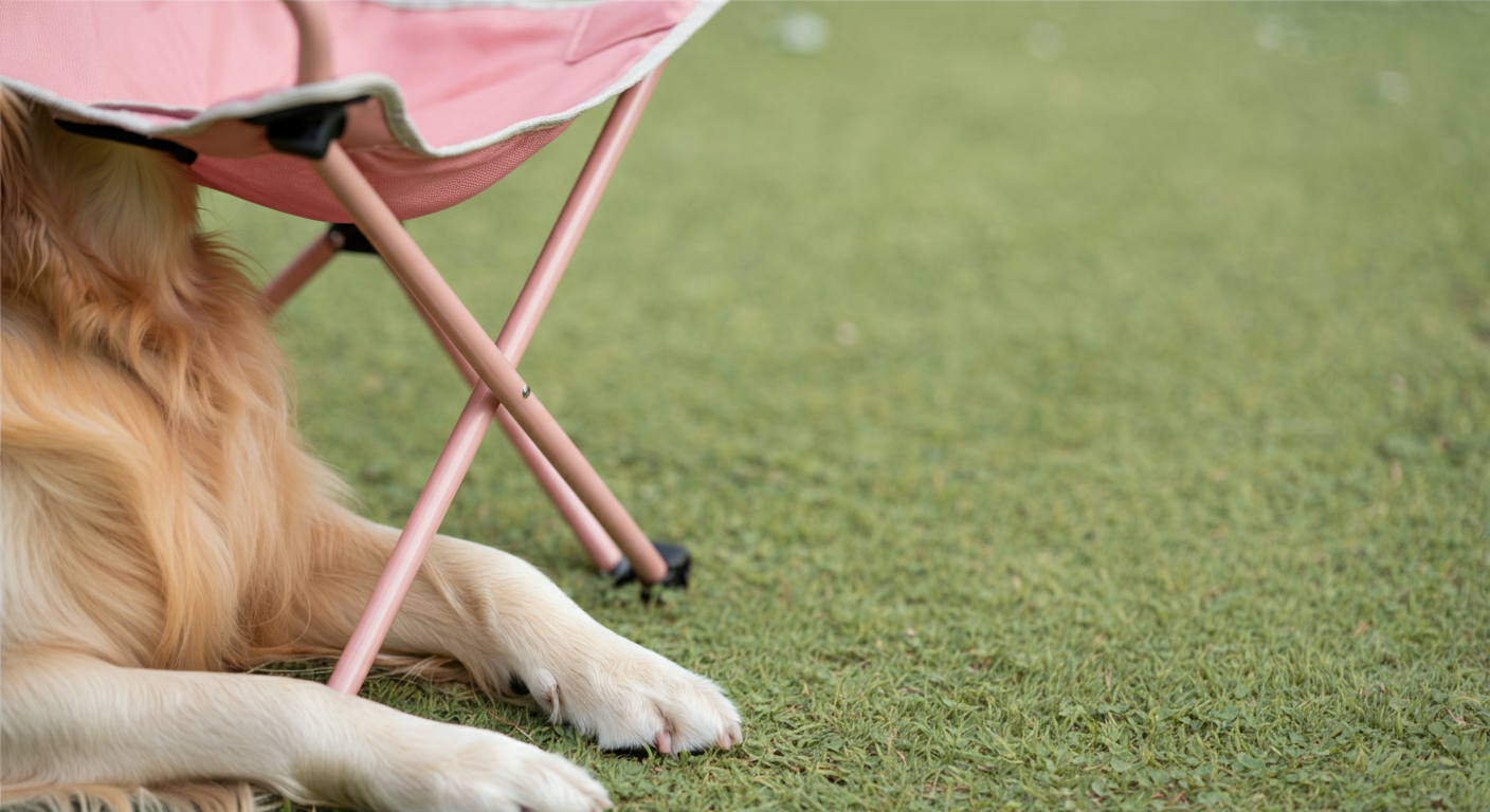 パステルピンクの椅子の脚元にそっと置かれたゴールデンレトリバーの前足。ドッグランでの穏やかな休憩シーンを表現。