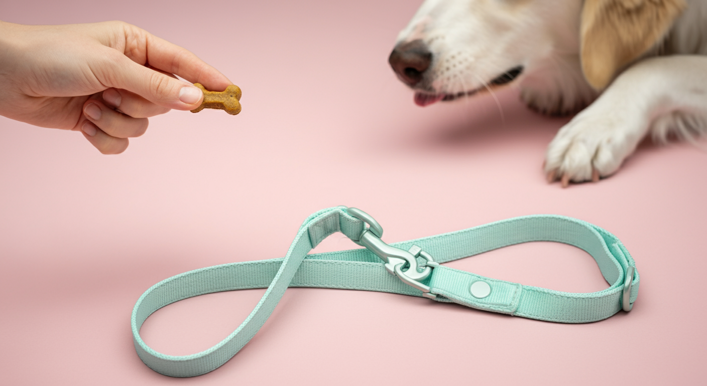 美味しそうな犬用おやつを一つ差し出す人の手。手前にはミントグリーンのロングリードが垂れ下がり、その先にはおやつに近づく犬の鼻先がぼやけて写っている。