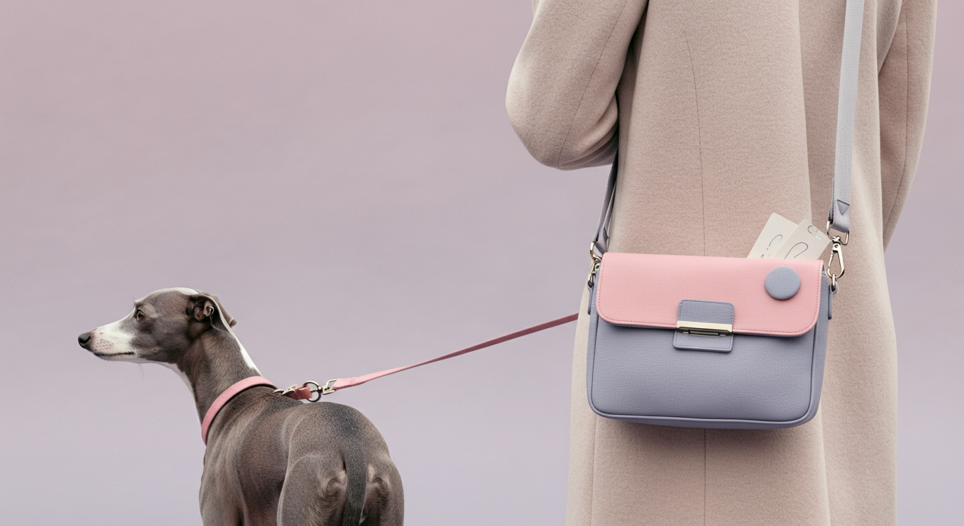 クロスボディバッグのストラップに、色を合わせた小さなマナーポーチがクリップで留められている様子。