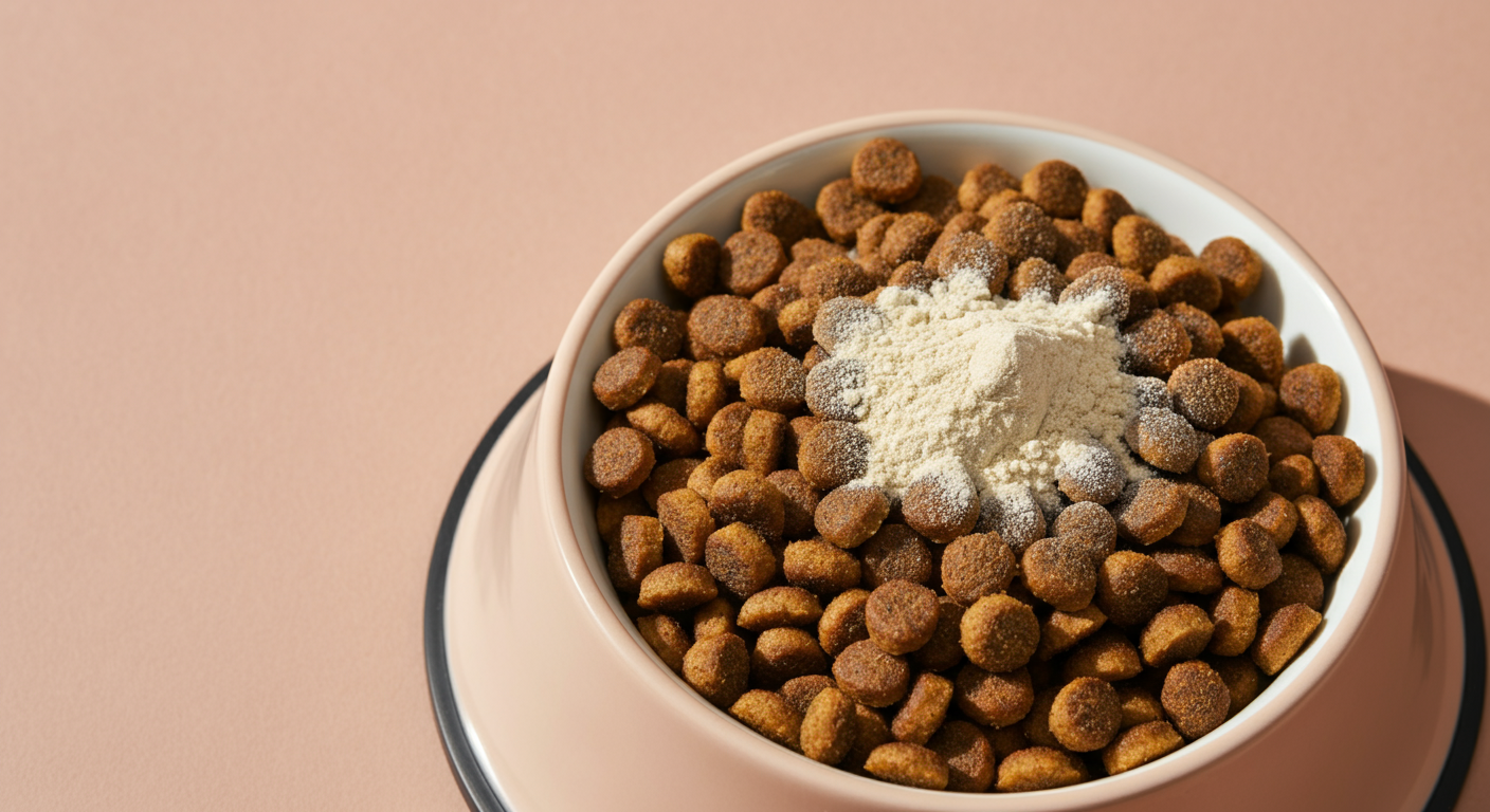 栄養パウダーが振りかけられたドッグフードのマクロ撮影。パステルカラーのミニマルで優しい写真。
