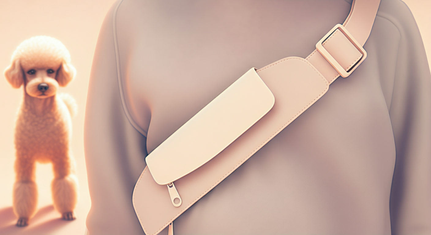 体にフィットするスタイリッシュなボディバッグを身に着けている人の上半身。