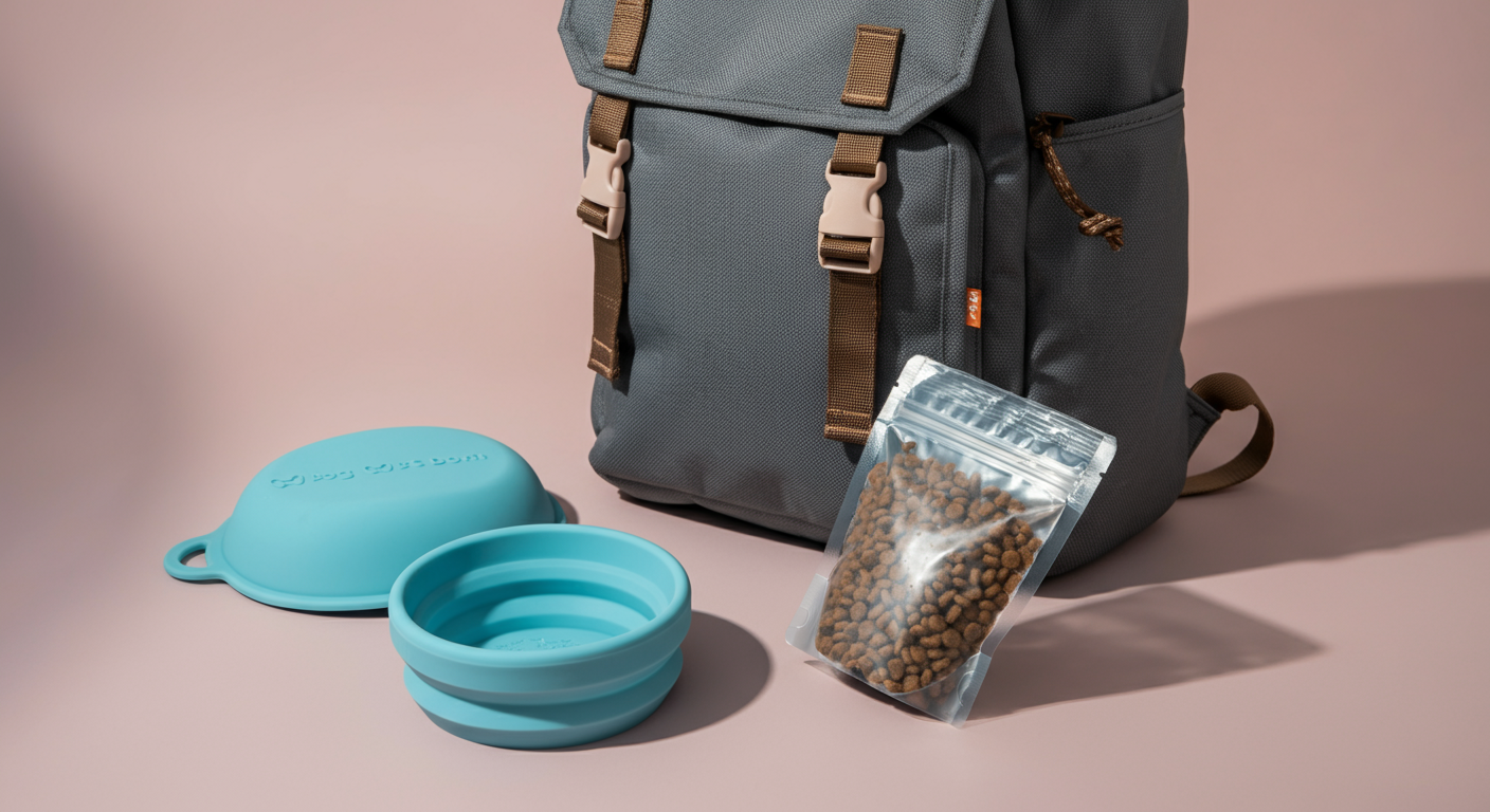 バックパックの横に置かれた、折りたたみのシリコンボウルと密閉されたドッグフードの小袋。携帯性と備えを象徴している。