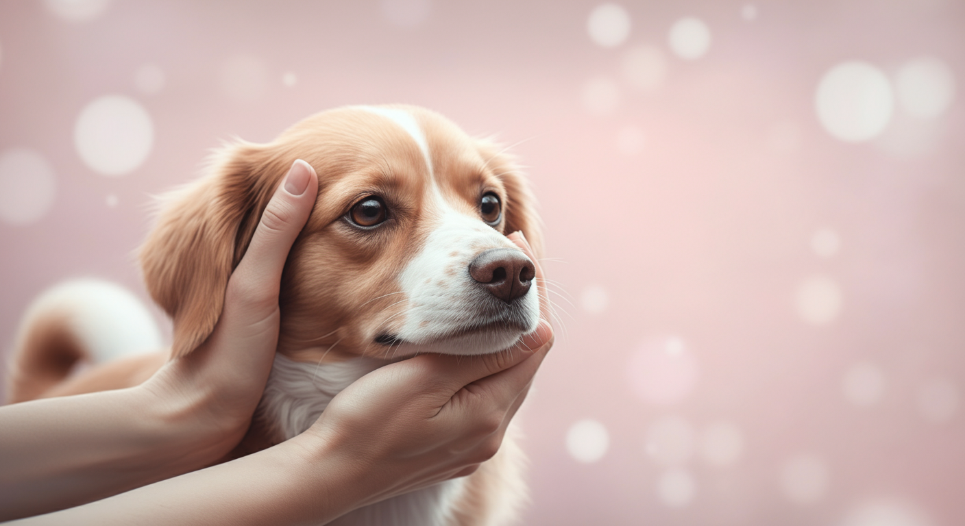 飼い主が両手で優しく犬の顔を包み込んでいる