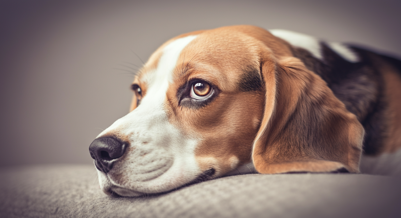 物憂げな表情で何かを考えているビーグルの横顔のソフトフォーカス写真。