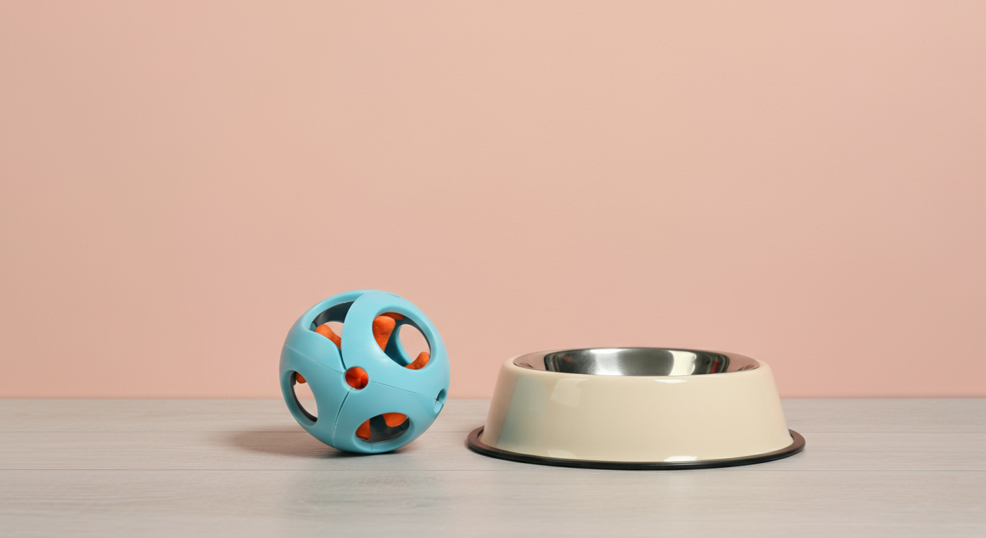 空になった犬用の食器と、その隣に置かれた知育ボールが並んでいる様子。