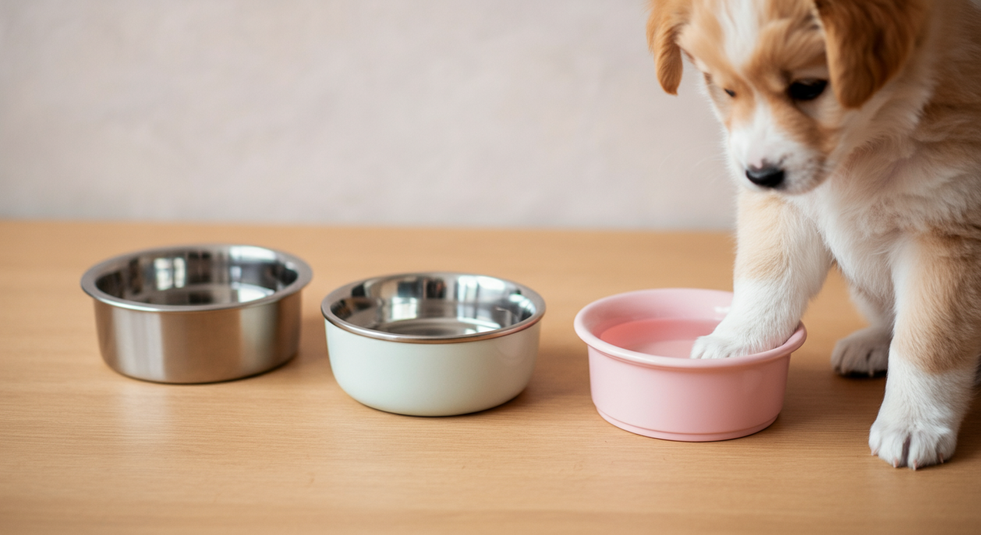 パステルカラーのミニマルな空間に並べられた、ステンレス製、陶器製、プラスチック製の3つの犬用水飲みボウル。子犬の前足がそっと陶器のボウルに触れている。