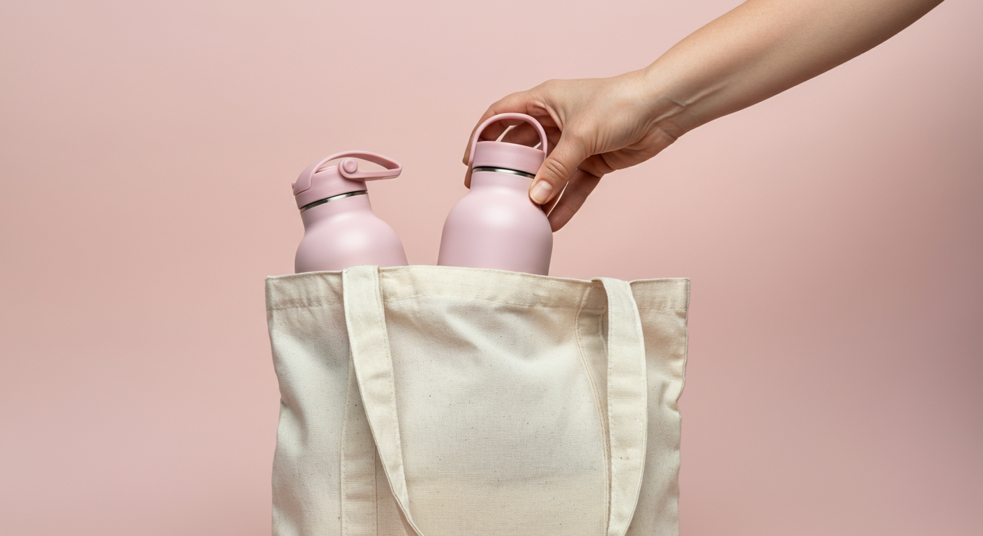 トートバッグにスタイリッシュな給水ボトルを収納している様子。