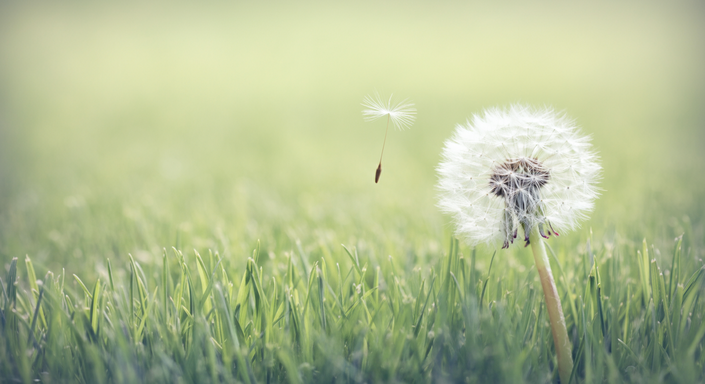 緑の芝生の上を、タンポポの綿毛が一つだけフワフワと飛んでいる美しい写真。