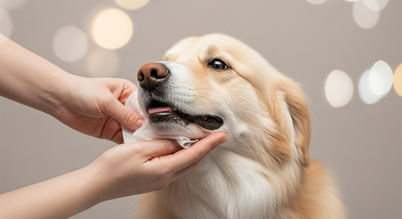 飼い主が犬の口元を拭くために、ウェットティッシュを優しく持っている手元のクローズアップ写真。