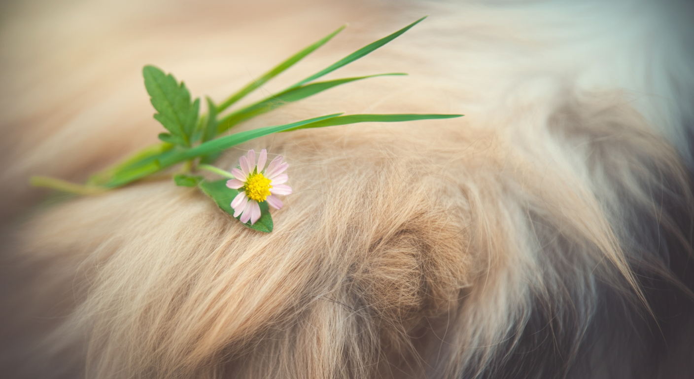 犬のふわふわの毛に、小さな草の葉がついている様子のマクロ撮影。