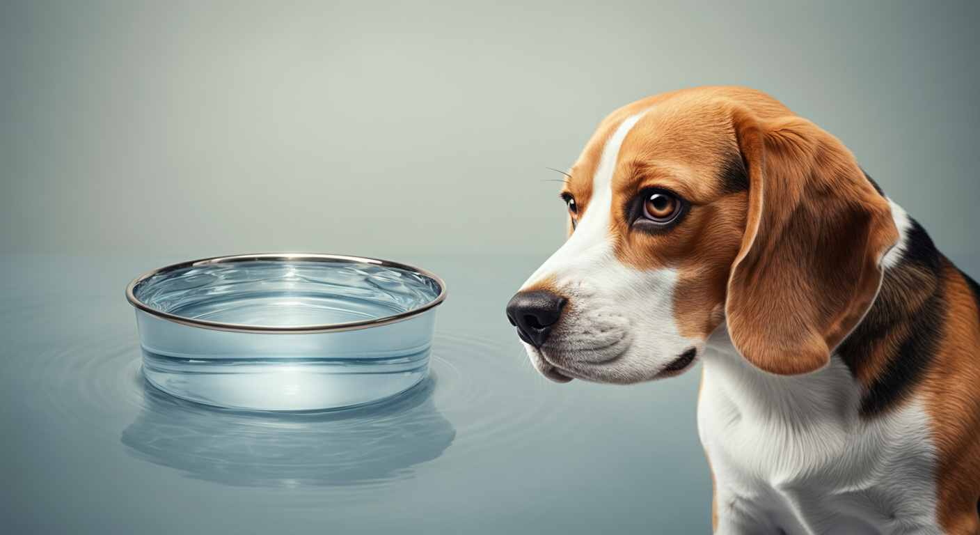 水の入ったボウルから顔をそむけ、ためらっているような表情のビーグル犬。手付かずの水面が強調されている。