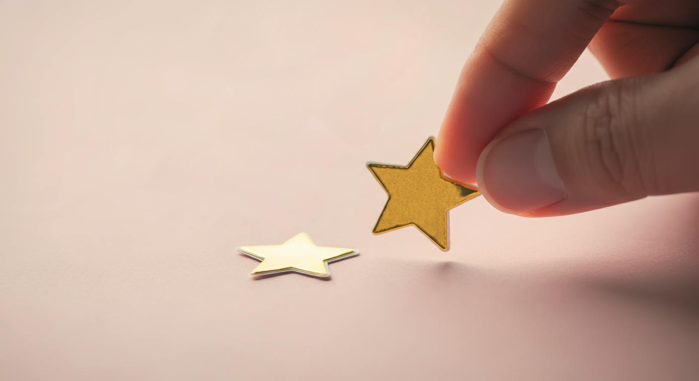 人の指が、小さな金色の星のシールをそっと貼っているクローズアップ写真。良い行いを褒めることを象徴している。