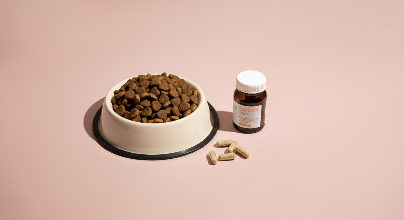 ドッグフードとサプリメントが置かれた清潔な食器