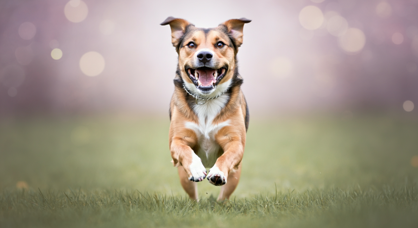楽しそうな表情で飼い主の方へ駆け寄ってくる犬