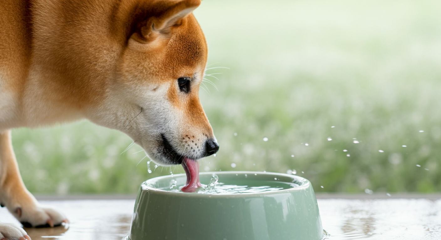 柴犬がセージグリーンのボウルから水を飲んでいる瞬間の写真