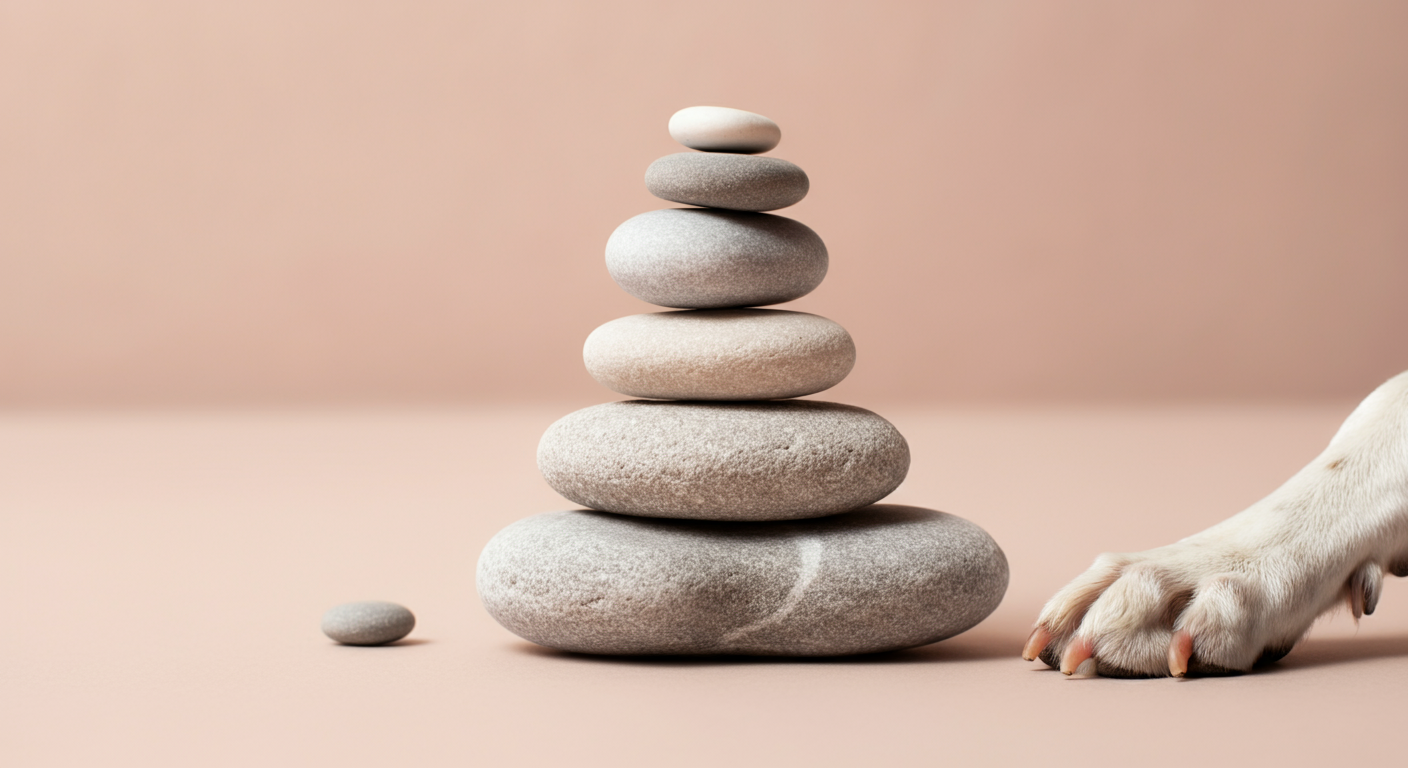 パステルカラーのミニマルな空間で、バランスよく積み上げられた滑らかな石。その横に犬の足がそっと置かれている。