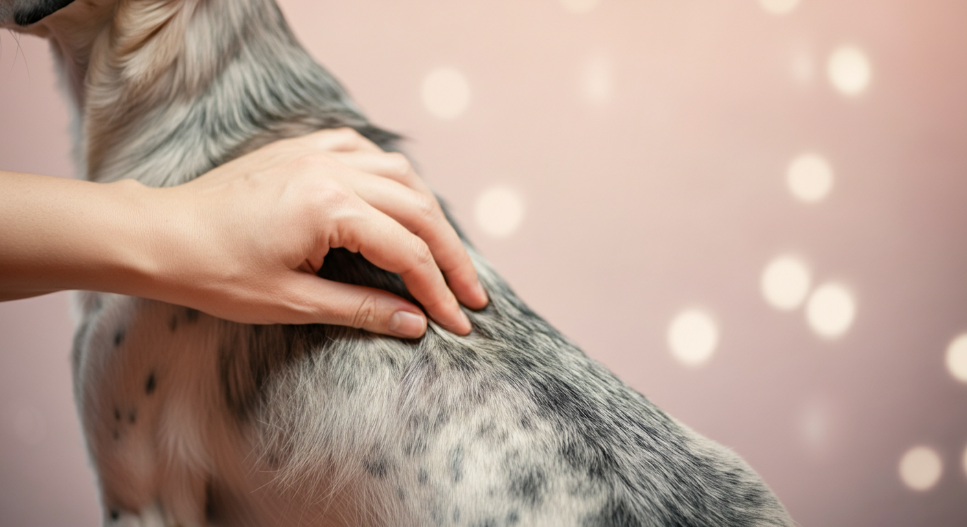 飼い主の手が犬の背中の毛をかき分けて皮膚の状態を優しく確認している