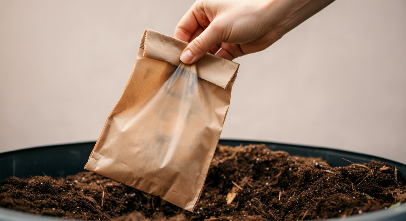 コンポストの中に、使用済みのコンポスタブルうんち袋をそっと入れている手。自然に還る循環を象徴している。