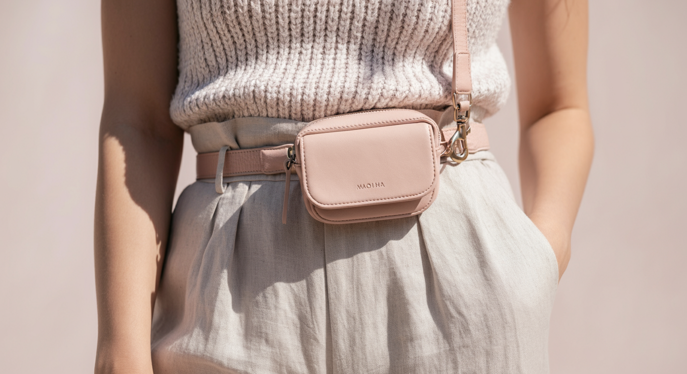 マナーポーチをおしゃれなショルダーバッグのように斜めがけしている人の腰元の写真