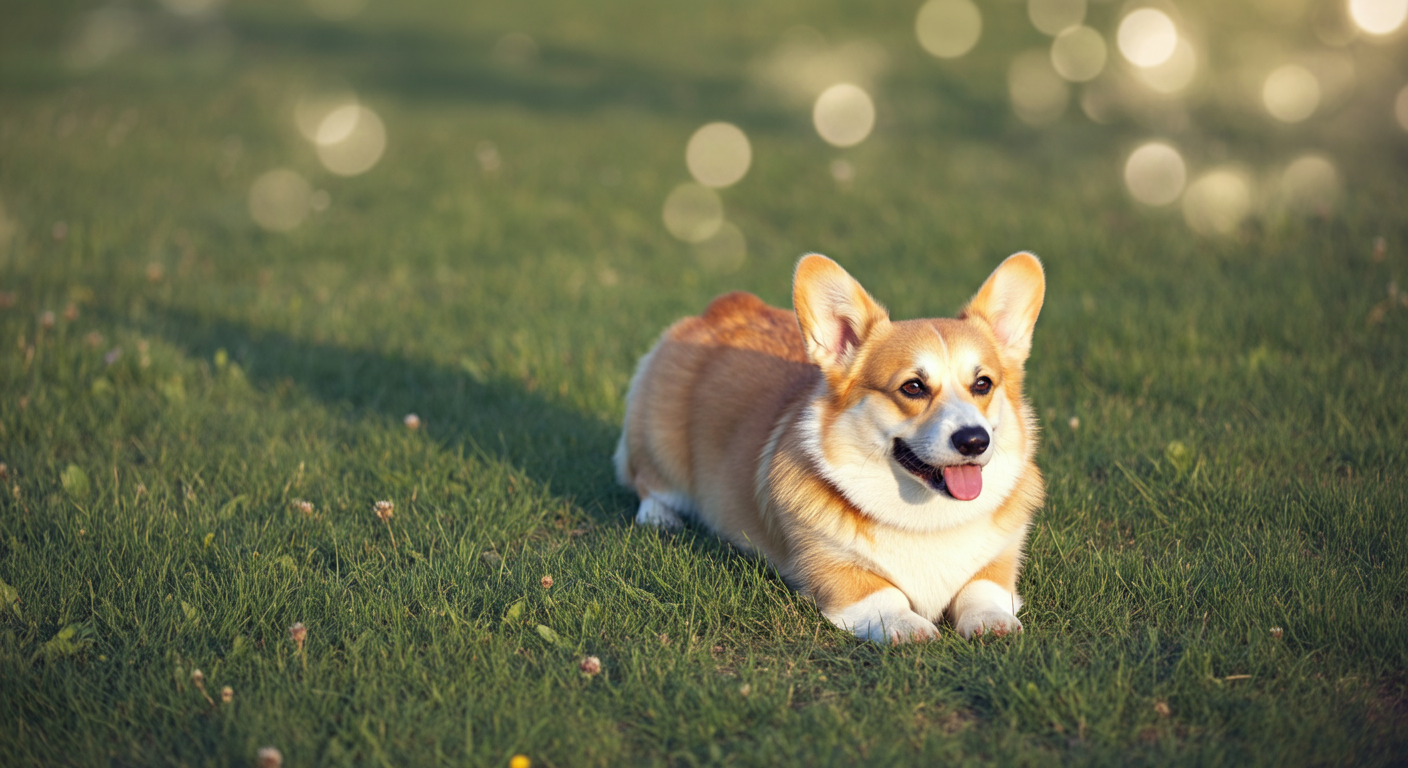 夕方のドッグランで、芝生の上に長く伸びる犬の影。