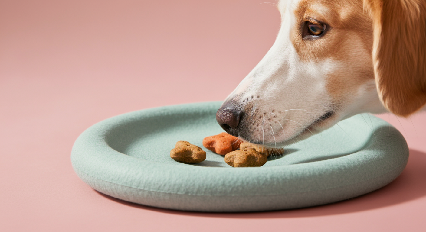 逆さまに置かれたフリスビーの中にドッグフードが入っており、犬がその匂いをかいでいる。フリスビーへの興味を引き出す様子。