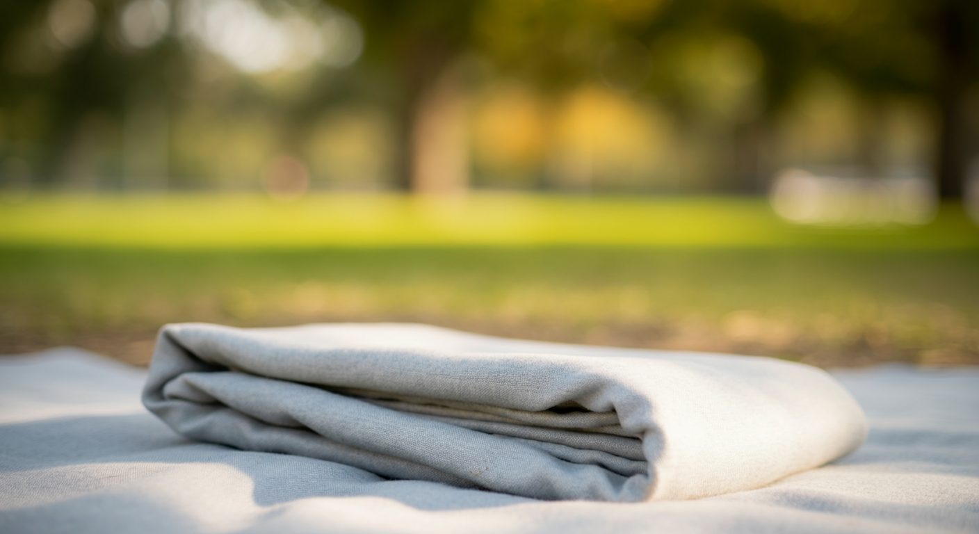 木陰の芝生の上に、きれいに広げられたパステルカラーのレジャーシート。木漏れ日が優しく降り注いでいる。