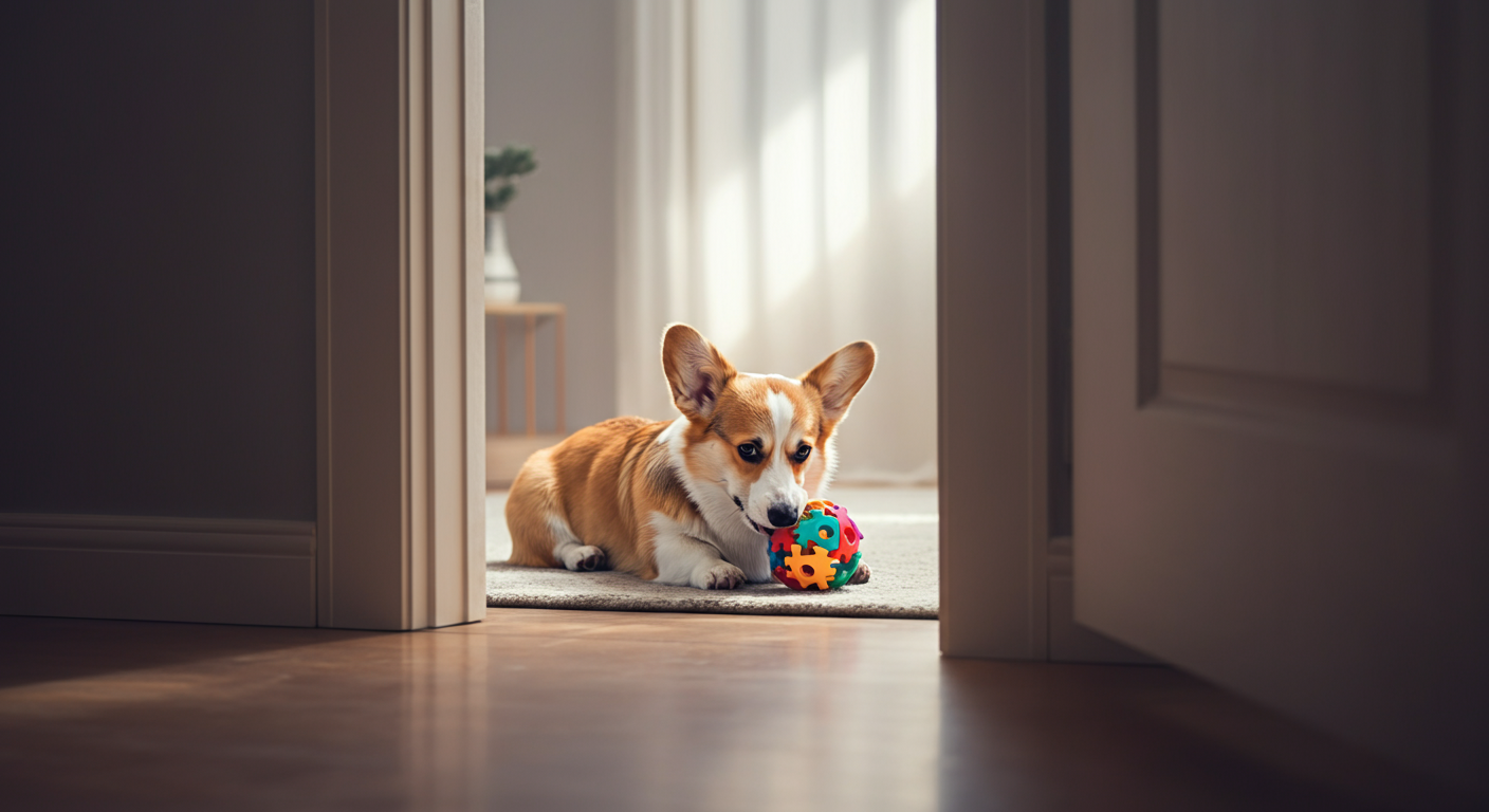 部屋の隅で、光に照らされながら知育ボールに集中している一匹の犬。