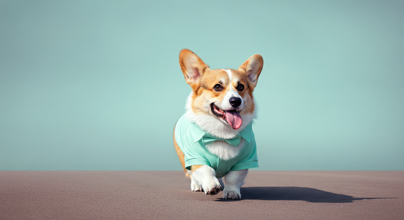 ミントグリーンのマナーウェアを着た犬が、舗装された道を自信を持って歩いている下半身のショット。