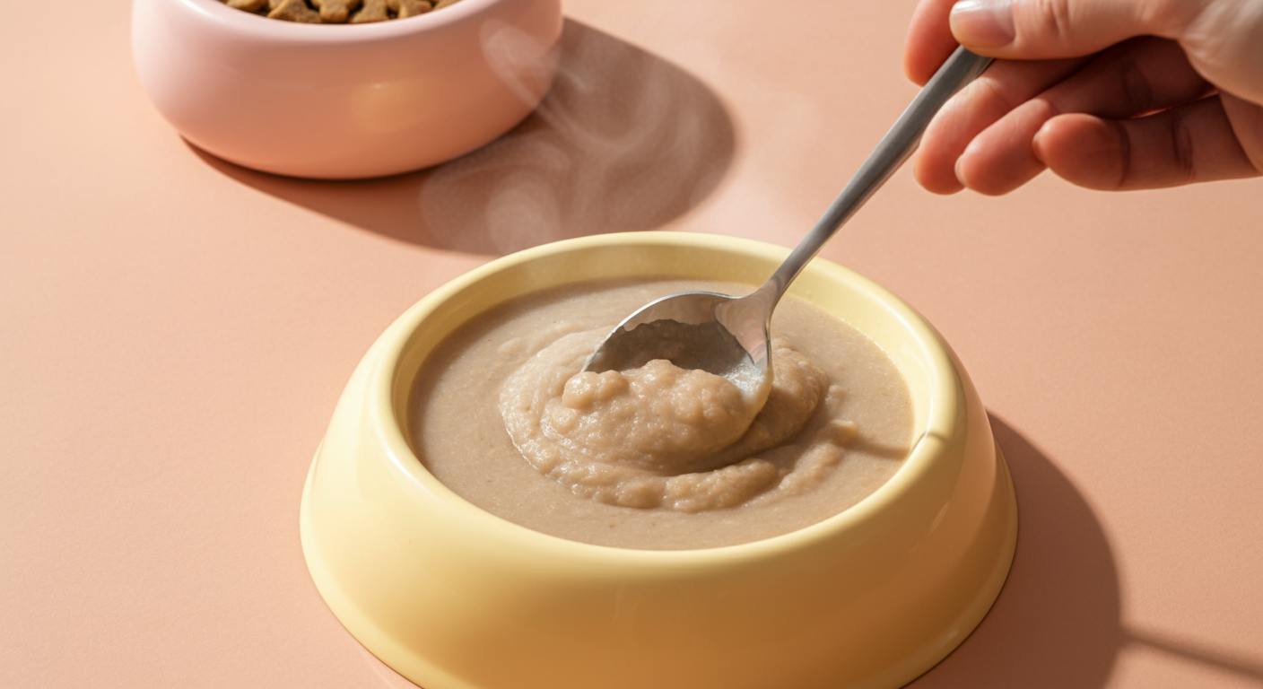 パステルイエローのボウルに入った、温かく柔らかいドッグフード。スプーンでかき混ぜられ、湯気が立ち上っている。