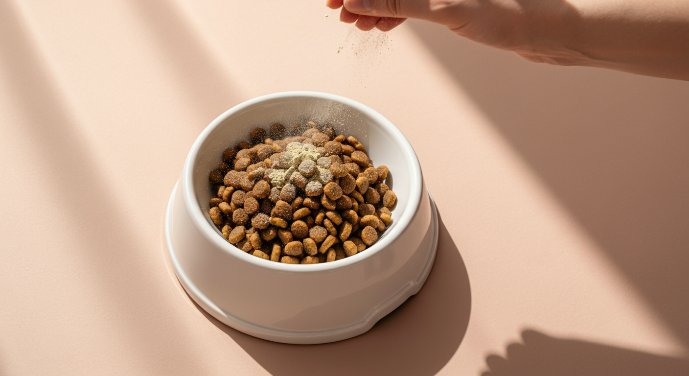 ドッグフードが入った白いボウルに、酵素パウダーをふりかけている様子。