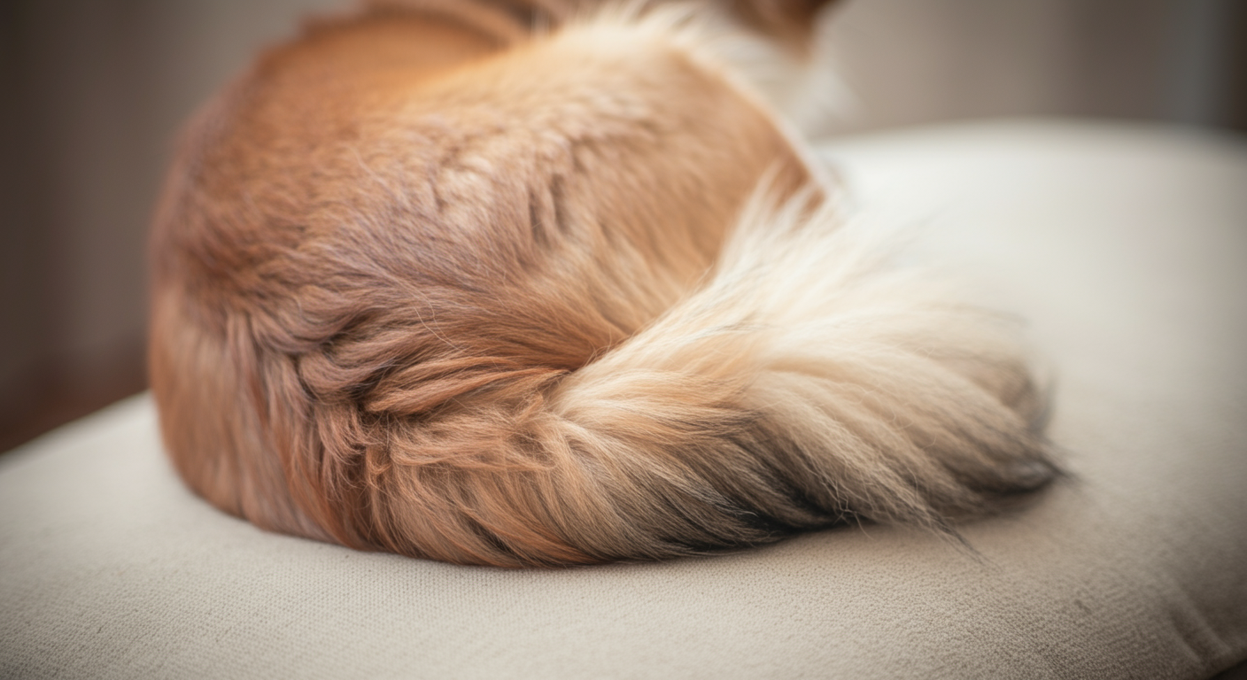 パステルカラーのミニマルな空間で、クッションの上で丸くなっている犬の尻尾のアップ。リラックスしている様子。