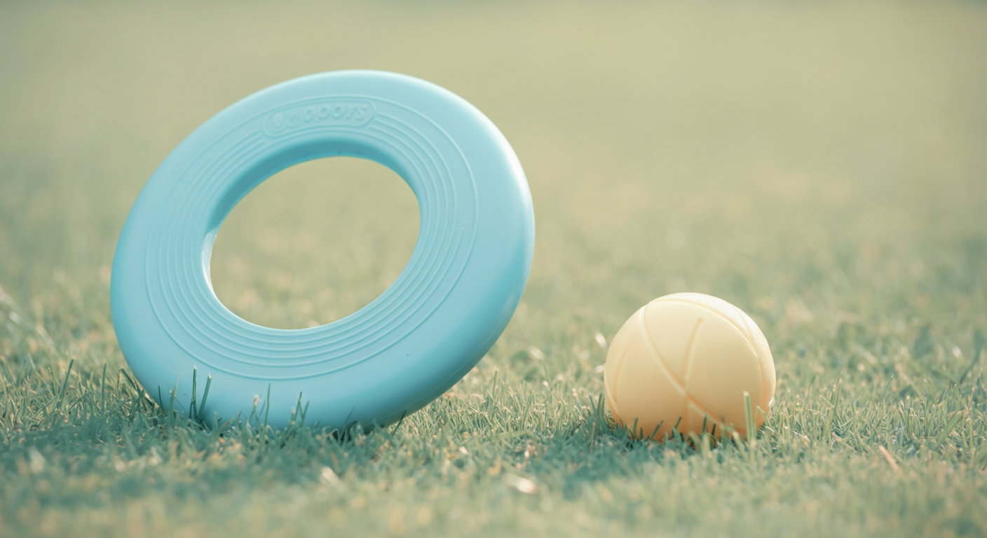 芝生の上に並んで置かれたフリスビーとボール