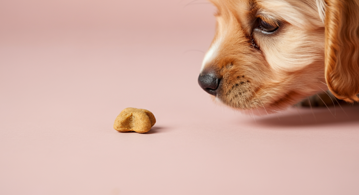 パステルピンクの背景に置かれた小さな子犬用おやつを、子犬がそっと匂いをかいでいる様子のクローズアップ写真。