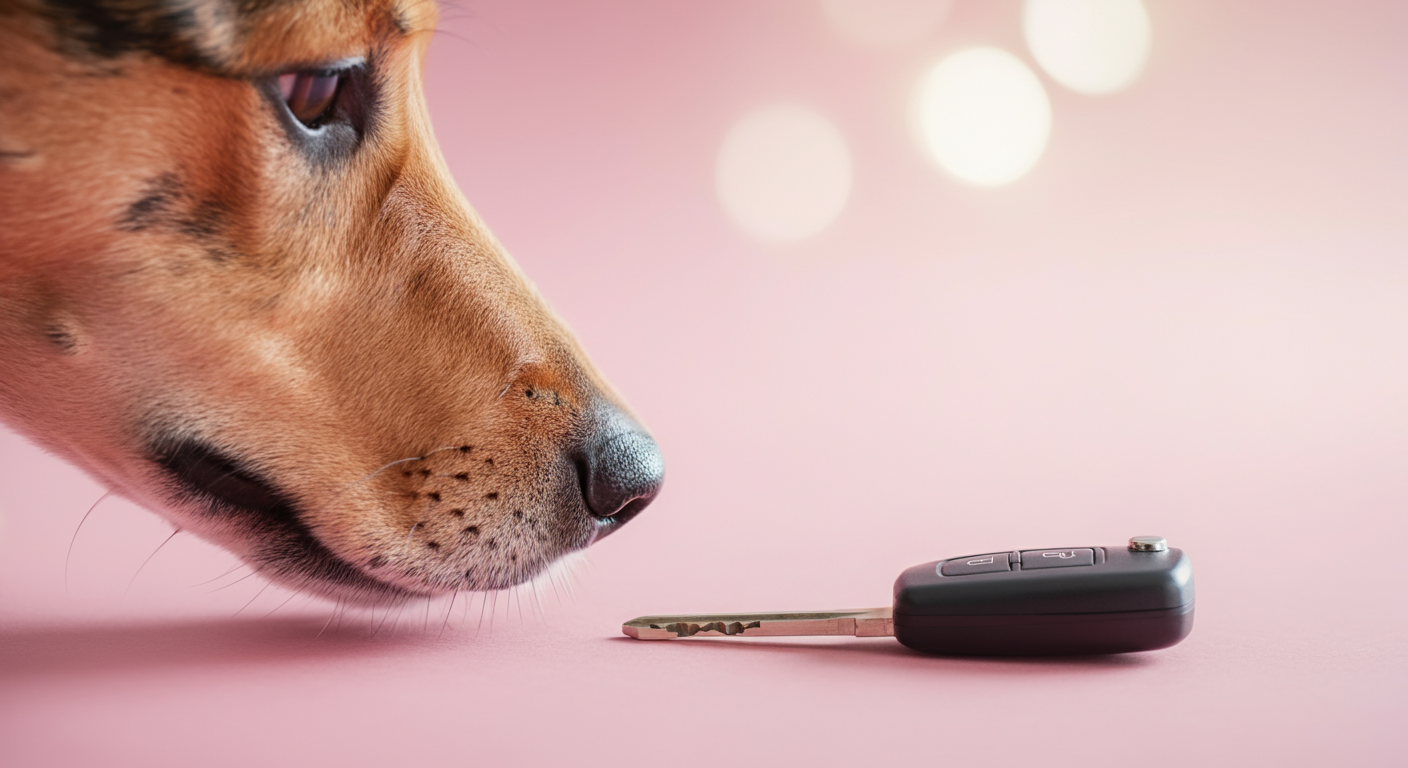 パステルピンクの背景に置かれた車の鍵と、それを嗅ごうとしている犬の鼻先の抽象的な写真。