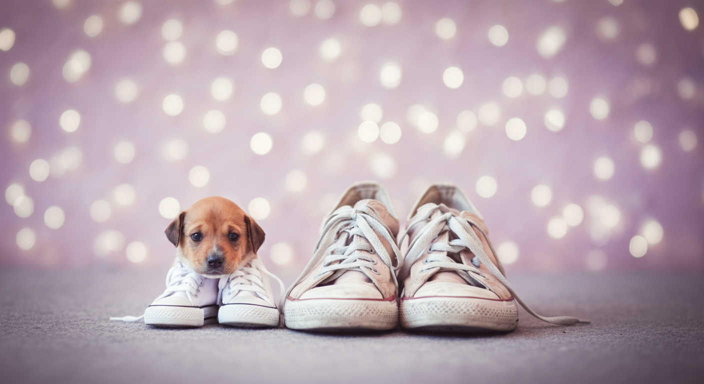 大人のスニーカーの隣に置かれた、子犬サイズの小さなスニーカー。新しい冒険を象徴している。