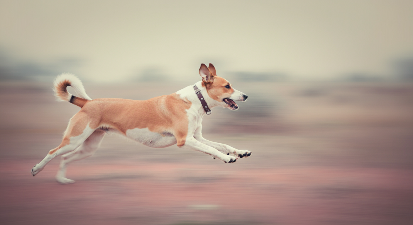 興奮のサインである、高く上がった尻尾と前に向いた耳に焦点を当てた、走っている犬の抽象的なモーションブラー写真。