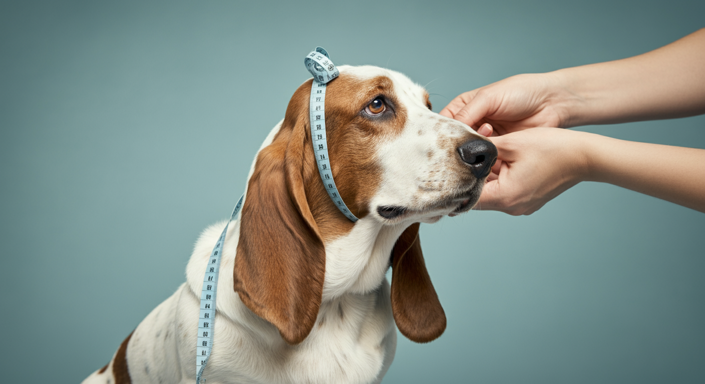 人の手が、犬の頭のサイズを柔らかいメジャーで測っている様子。
