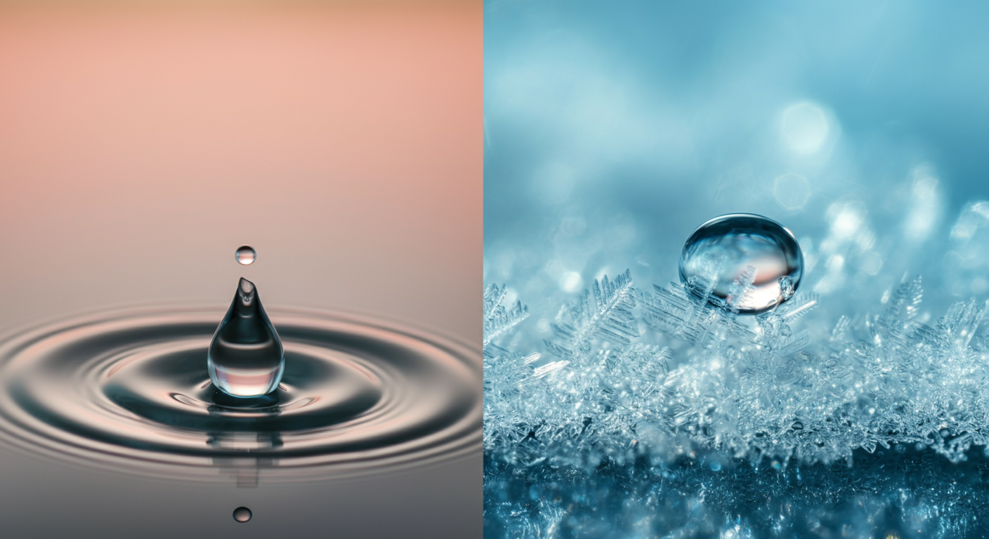 水滴と氷の結晶を並べ、冷却技術を表現した抽象的なマクロ写真。