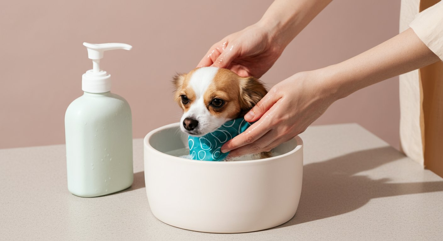 ミニマルな白いボウルの中で、犬用のクールネックを優しく手洗いしている様子。清潔感のある明るい光が当たっている。