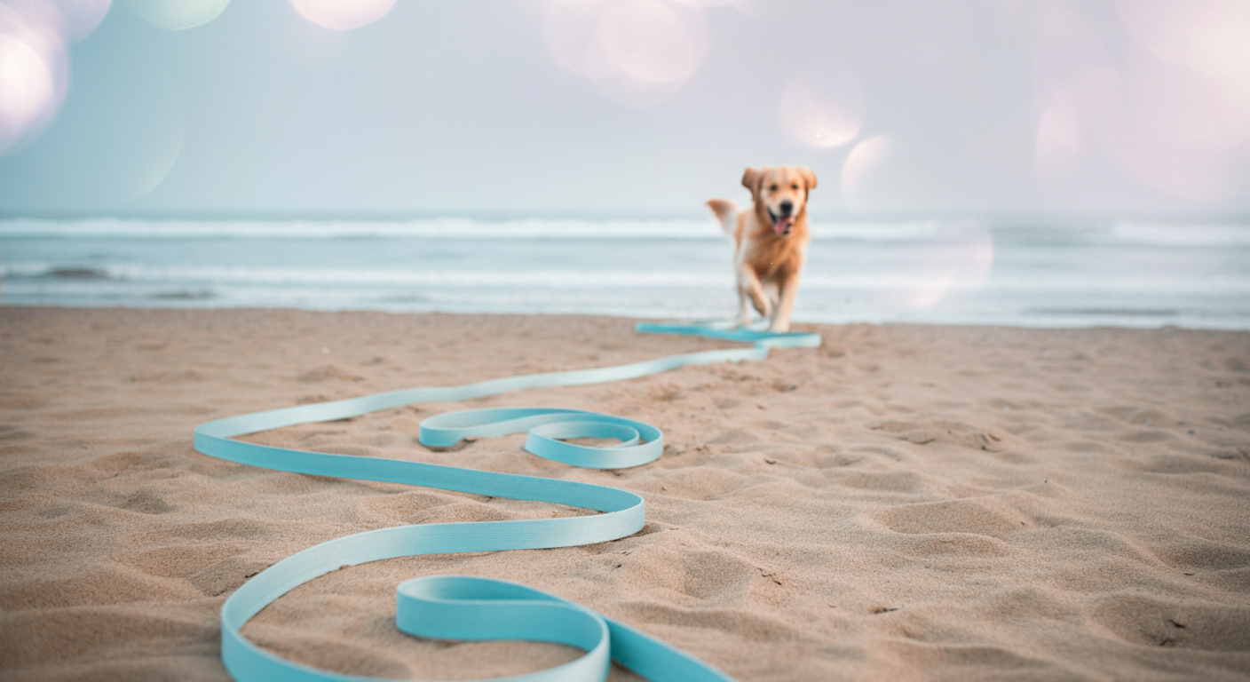 砂浜の上を伸びやかに広がる水色のロングリード。遠くには楽しそうに走る犬の姿がぼやけて見える。