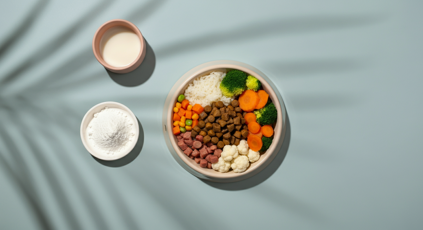 犬用のバランスの取れた食事が盛られたボウルと、コラーゲンペプチドの粉末が入った小皿を上から撮影した写真。